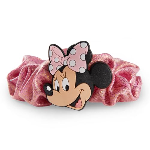 Image of Disney Minnie Mouse Scrunchies Satin No Damage Hair Ties for Girls | Officially Licensed, Smooth Satin, Sparkling Character Badge, No-Crease Hold, Gentle Stretch, Secure Fit