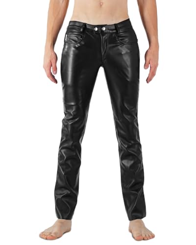 Bockle® Vegan Stretch Leather Pants Black Imitation Faux Leatherette Leather Pants Men
