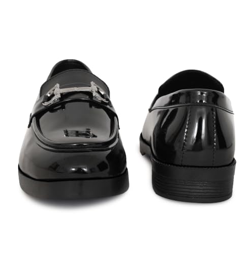 Image of VELTRIX Men's Premium Patent Leather Finish Formal Loafers | Horsebit Buckle Slip-On Shoes | Comfortable Office, Party, Wedding & Business Dress Shoes Aldo Plain Patent