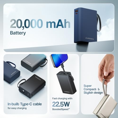 Ambrane 20000mAh Pocket Size Power Bank with Inbuilt Type-C Cable, 22.5W Fast Charging, Type-C PD & USB Output, Portable Mini Powerbank for iPhone, Android & Other Devices (MiniCharge 20, Black-Blue) view 2