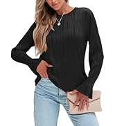 Bellcoco Women's Textured Bell Sleeve Top Loose Ruffle Long Sleeve Blouse Crewneck Shirts Fall Bu...