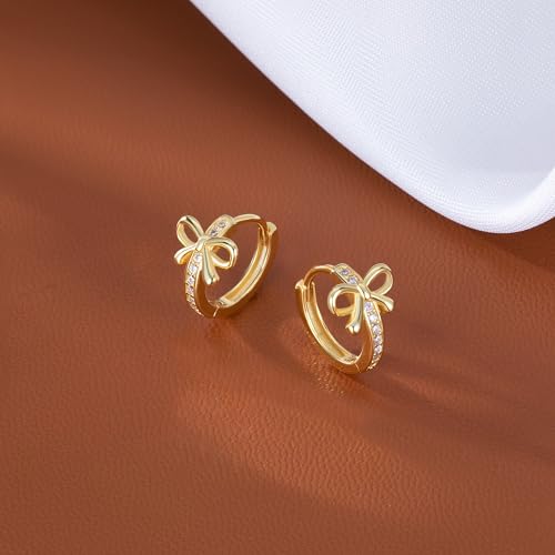 Reffeer Solid 925 Sterling Silver CZ Bow Hoop Earrings Ribbon for Women Teen Girls Bowknot Hoop Earrings Huggie4
