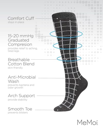 MeMoi Wellfit Unisex Window Pane Knee High Cotton Blend 15-20mmHg Graduated Compression Socks Dark Gray Heather 10-133