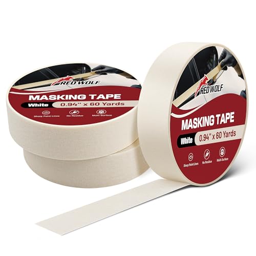 Image of RED WOLF 0.94 inch x 60 Yards Masking Tape 3 Pack, General Purpose for Painting Arts Crafts Label Car Painting, Sharp Paint Line No Residue Painters Tape White Beige Crepe Paper Tape Heat Resistance