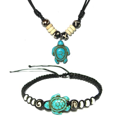 Necklace and Bracelet with Turtle in Turquoise Color Hawaiian Sea Turtle Bracelet Black Hemp Bracelet