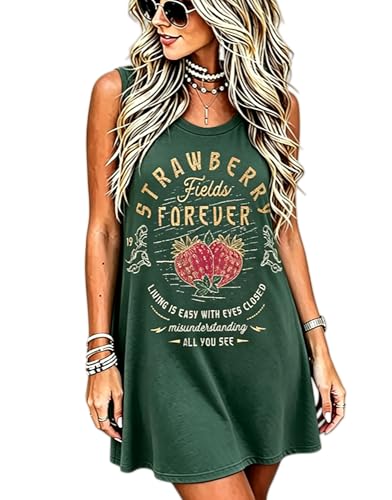 Image of Vintage Rock Country Music Dress for Women Rock Concert Band Graphic Tshirt Casual Letter Print Short Dress