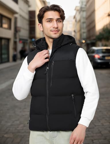 FEOYA Men Puffer Vest Hooded Winter Vest Down Warm Sleeveless Jacket with Pockets Removable Hood3