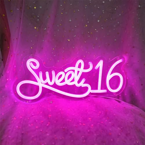Image of Sweet 16 Neon Signs for Wall Decor, Sweet Sixteen Party Decorations Sweet 16 Neon Sign Sweet Sixteen Decorations LED Light Sign for Birthday Party Commemorative, 13.3 inch x 5.59 inch