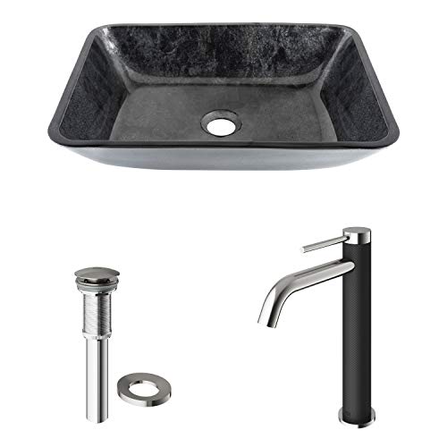 Vigo Vgt1438 18.13" L -13.0" W -10.25" H Glass Rectangular Vessel Bathroom Sink In Onyx Gray With Lexington Faucet And Pop-Up Drain In Brushed Nickel #TOP4
