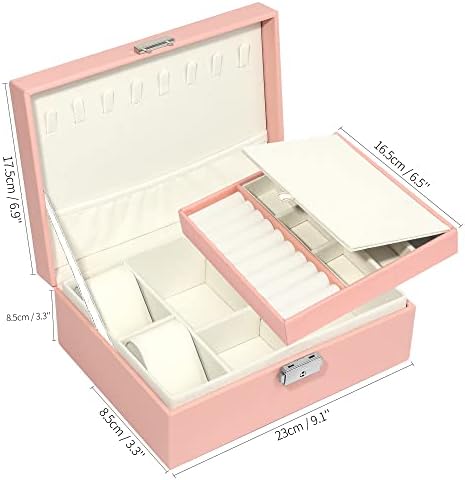 Mactoou Jewelry Box, 2 Layer Jewellery Box Organizer for Women Girls, PU Leather Jewellery Storage Case Holder with Removable Tray for Necklace Earrings Rings Bracelets Watches Brooches, Pink