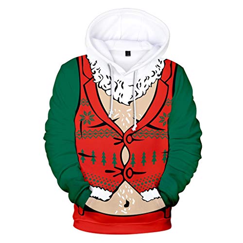 Felpe Uomo e Babbo Natale Stampa Manica Lunga Felpa con Cappuccio Sportivo Sweatshirt con Coulisse Tasche Autunno e Inverno YanHoo Verde M