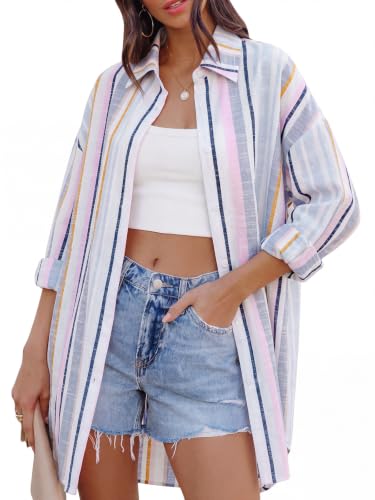Image of FSHAOES Womens Oversized Button Down Shirts Casual Loose Long Sleeve Solid Lapel Long Blouses Tops with Pockets
