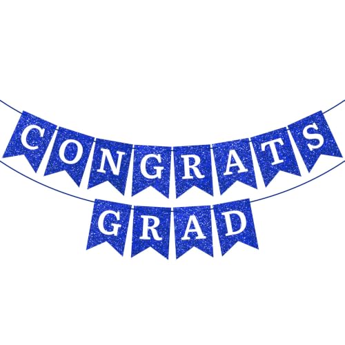 Image of Pre-Strung Congrats Grad Banner - Blue Glitter Graduation Party Banner