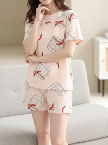 Image of Korean Night Dress |Shorts Set |Round Neck Half Sleeve Nightsuit |Premium Cotton Blend Stylish Digital Printed Pajama Co-ords |Matching 2 Piece Sleepwear Nightwear Cute Pjs |Casual Lounge Sets