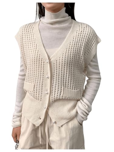 Image of Milumia Women's Cap Sleeve V Neck Button Down Sweaters Hollow Out Knit Cardigans Apricot Small