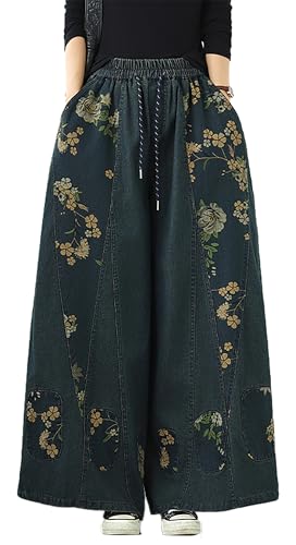 LAI MENG FIVE CATS Women's Casual Loose Denim Wide Leg Baggy Jeans Drawstring Elastic Waist Pants
