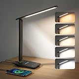 YAMYONE Lámpara de Escritorio LED con Puerto USB, Control Táctil, Luz Protectora Ocular, 5 Modos de Color y 5 Niveles de Brillo, Ideal para Dormitorio, Estudio y Mesita de Noche (Negro)