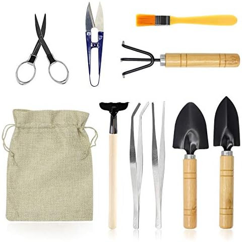 FALIDI Bonsai Set 10 PCS-Mini Gardening Tools Kit for Indoor Outdoor Bonzai Include Pruner, Fold Scissors, Mini Rake, Tweezers, Cleaning Brush Cover