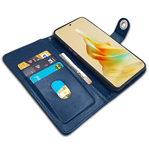 Image of Pikkme Oppo Reno 8T 5G Flip Cover Leather Finish | Inside TPU with Card Pockets | Wallet Stand and Shock Proof | Complete Protection Button Flip Case (Blue)
