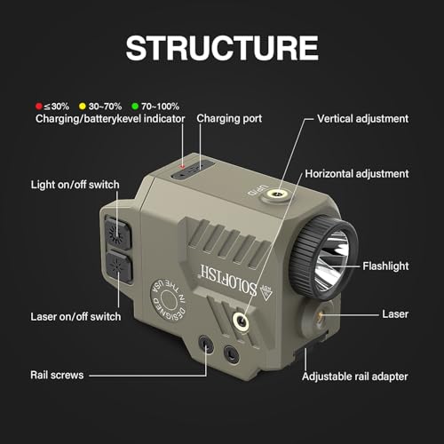 Image of Solofish 800 Lumens Pistol Light Laser Combo | Gun Light with Green Laser Sight, Slidable Pistol Flashlight Compatible with Glock /Picatinny Rail, Desert Tan