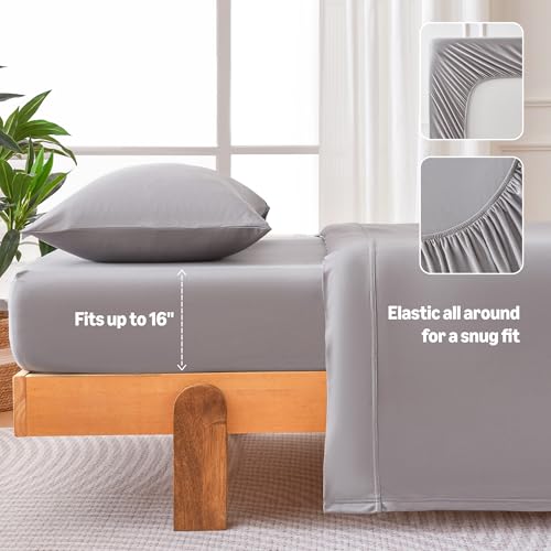 Image of Amazon Basics Jersey Knit 3-Piece Sheet Set, Wrinkle Free and Easy Fit, Includes 16 inch Deep Pocket Fitted Sheet, 1 Flat Sheet and 1 Pillowcase, Twin, Gray