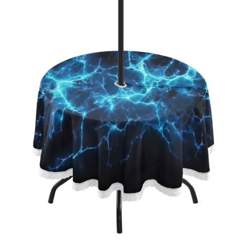 Wajiw 60 Inch Indoor Outdoor Round Tablecloth with Umbrella Hole and Zipper Waterproof Patio Table Cover for Camping Dining Room Party Outdoor Picnic,Blue Lightning