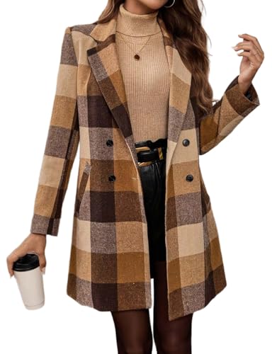 Image of Mywinway Plaid Blazer for Women 2025 Fall Winter Business Trendy Double Breasted Long Wool Peacoat Trench Coat Suit Jacket,Khaki,XL