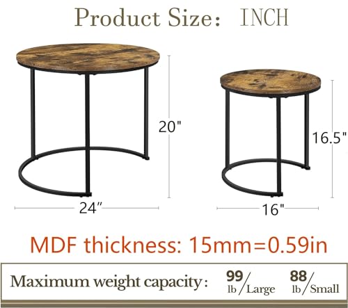 Coffee Table Nesting Table Set of 2 Side Set Black Frame Wooden Tables, Living Room Bedroom Apartment Modern Industrial Simple Nightstand (Black+Rustic Brown) - Image 4