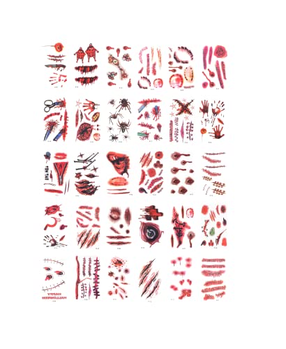 Milacolato 30 Feuilles Halloween Tatouages Temporaires Zombie Tatouages Faux Cicatrices avec Faux Sang Imperméable Fausse Blessure Sanglante Point Cicatrice Gale Zombie Maquillage Fête Cosplay Cover