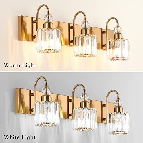 Image of Ralbay Brass Gold Bathroom Vanity Lights 3-Lights Brass Gold Crystal Vanity Lights Over Mirror Modern Crystal Brass Gold Bathroom Vanity Lighting Fixtures