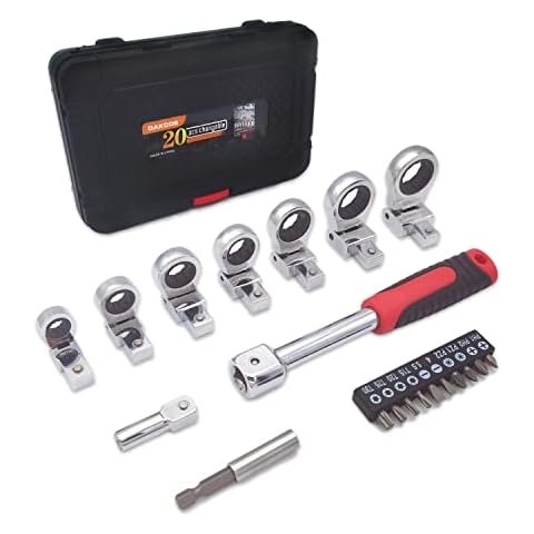 DAKCOS 20 Piece Flex Head Ratchet Spanner Set Metric Ratcheting Kit 72 Teeth (8-19mm) Cr-V with Screwdriver Bit Head Set Cover