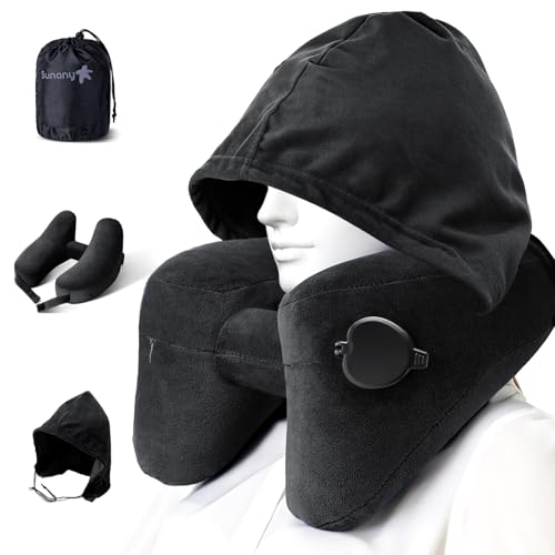 Sunany Inflatable Neck Pillow for Airplane Travel with Hoodie, Portable Neck Support for Long Haul Flights Sleeping Napping, with Soft Velour Cover Hat, Travelling Sleep Essentials for Plane Car Train