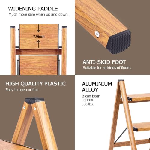 Image of SOLADDER 3 Step Ladder, Folding Aluminum 3 Step Stool with Anti-Slip Wide Sturdy Pedal, Multi-Use for Home and Kitchen, Space Saving-Woodgrain(300 lbs Capacity)