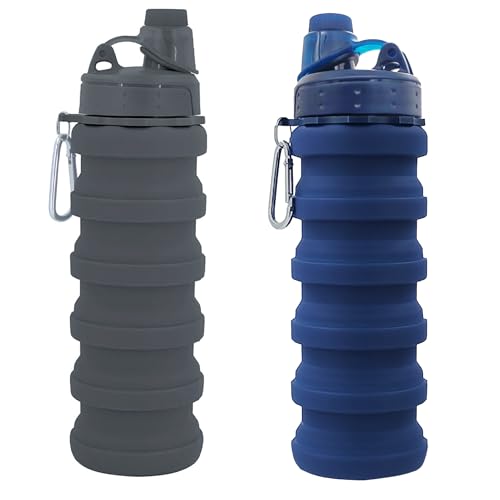 YCTMALL Collapsible Water Bottles Two Pack - Travel Sports Portable Silicone Water-proof Camping Bottle with Mountaineering Buckle (500ml, Dark Blue and Grey)