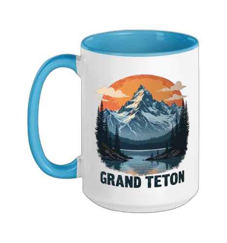 Grand Teton Mountain Wilderness Sunset View Ceramic Mug, Blue/White, 15oz