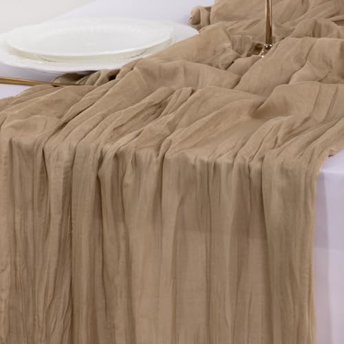 Image of Socomi 15pcs Nude Brown Cheesecloth Table Runner Valentine's Day Boho Rustic Gauze 120 inch 10FT Cheese Cloth Runner for Wedding Party Baby Shower Birthday Home Decor Holiday Decorations