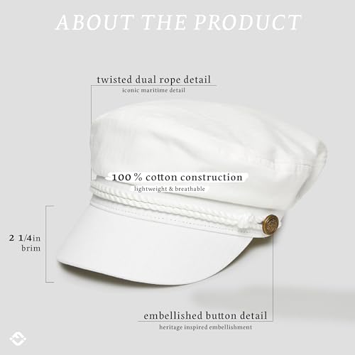 Funky Junque Cotton Newsboy Hat for Women – Trendy Greek Fisherman Cap, Classic Baker Boy Newsies Hats, Stylish Lightweight Ladies Cap - White