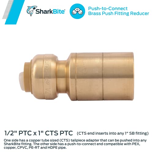 Sharkbite 1/2 X 1 Inch Cts Fitting Reducer, Push To Connect Brass Plumbing Fitting, Pex Pipe, Copper, Cpvc, Pe-Rt, Hdpe, U722Lfa #TOP1