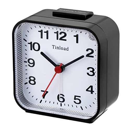 Image of Tinload Small Battery Analog Alarm Clock Silent Non Ticking, Ascending Beep Sounds, Snooze,Light Functions (Black-B)