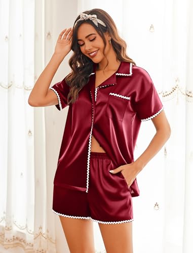 Ekouaer Womens Silk Pajama Sets 2 Piece Satin Pj Set Button Down Shirt and Shorts Lounge Sets Classic with Pockets2