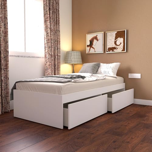 Image of Studio Kook Tribe Engineered Wood Single Bed with Drawers (Finish Color - Moonshine White, Matte Finish)