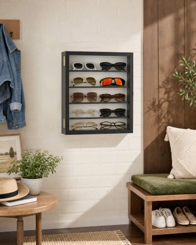 Image of TJ.MOREE 5-Tier Sunglasses Organizer Storage Wall Mounted: 13 x 15 inches Eyewear Display Case Rustic Wood Eyeglasses Holder Large Glasses Storage Box, Black