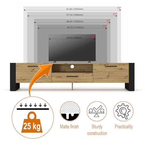 BIM Furniture TV Lowboard Nuka – 200x43x48 cm Stehend Wohnzimmermöbel, Grifflose Fronten, Stauraum TV Möbel – Eiche Artisan