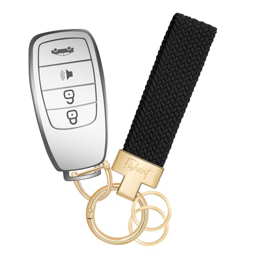 Fishent Stretchy Car Keychain, Nylon Braided Cool Key Chain for Women Men, Universal Key Fob Holder with 3 Keyrings, Anti-Lost D-Ring, Car Accessories, Black+Golden Buckle