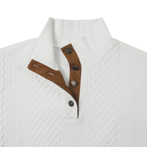 QOSOQ Men's Casual Sweatshirt Pullover Sweater Casual Long Sleeve Stand Collar Quarter Button Sweaters White