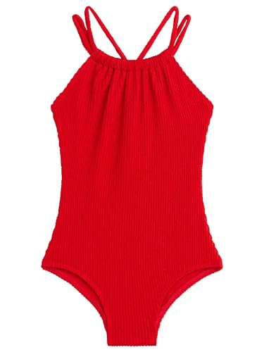 Kanu Surf Girls' Jasmine Beach Sport Halter One Piece Swimsuit, Popcorn Solid Red