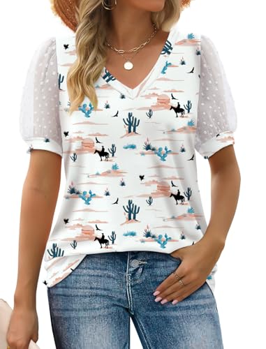 Image of Aokosor Womens Summer Tops V Neck T Shirts Swiss Dot Puff Sleeve Tops Loose Casual Tshirts