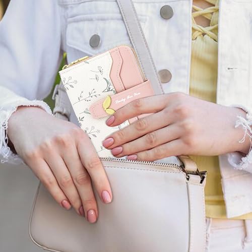 Image of Farcauo Cute Pink Flower Wallet for Women Small Kawaii Coin Purse with ID Window Compact Lightweight and Stylish Design Cash Wallet for Ladies