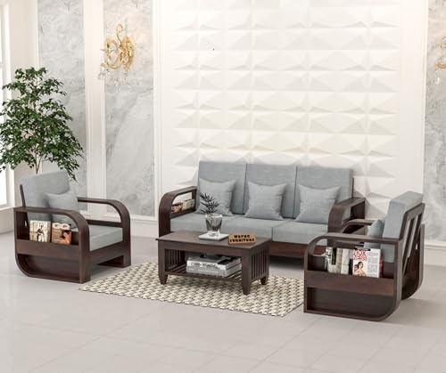 Image of Sheesham Wooden 5 Seater Sofa Set for Living Room | Solid Wood Sofa | Rosewood Sofa Set for Home & Office | Lounge (Walnut,Grey,3+1+1 Seater)