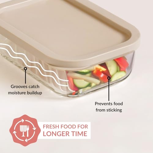 Image of Nestasia Groovo Glass Containers for Fridge Storage Set of 4 (520ml Each) - Transparent Stackable Glass Container with Lid, Microwave & Dishwasher Safe Containers with Ribbed Texture (Beige)